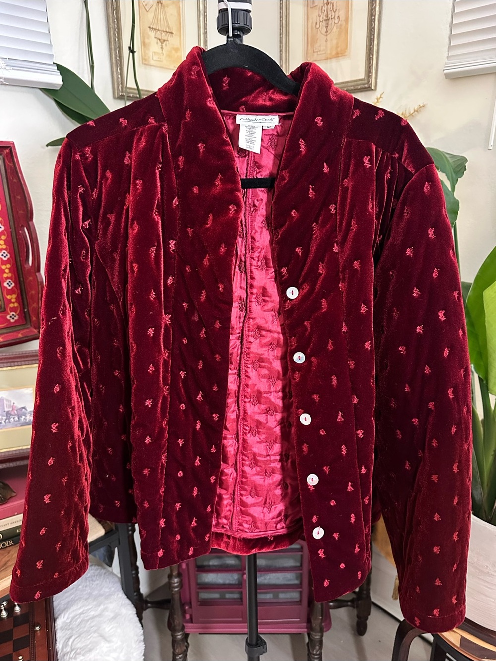 Vintage Coldwater Creek Quilted Velvet Jacket - Textured Burgundy Red M